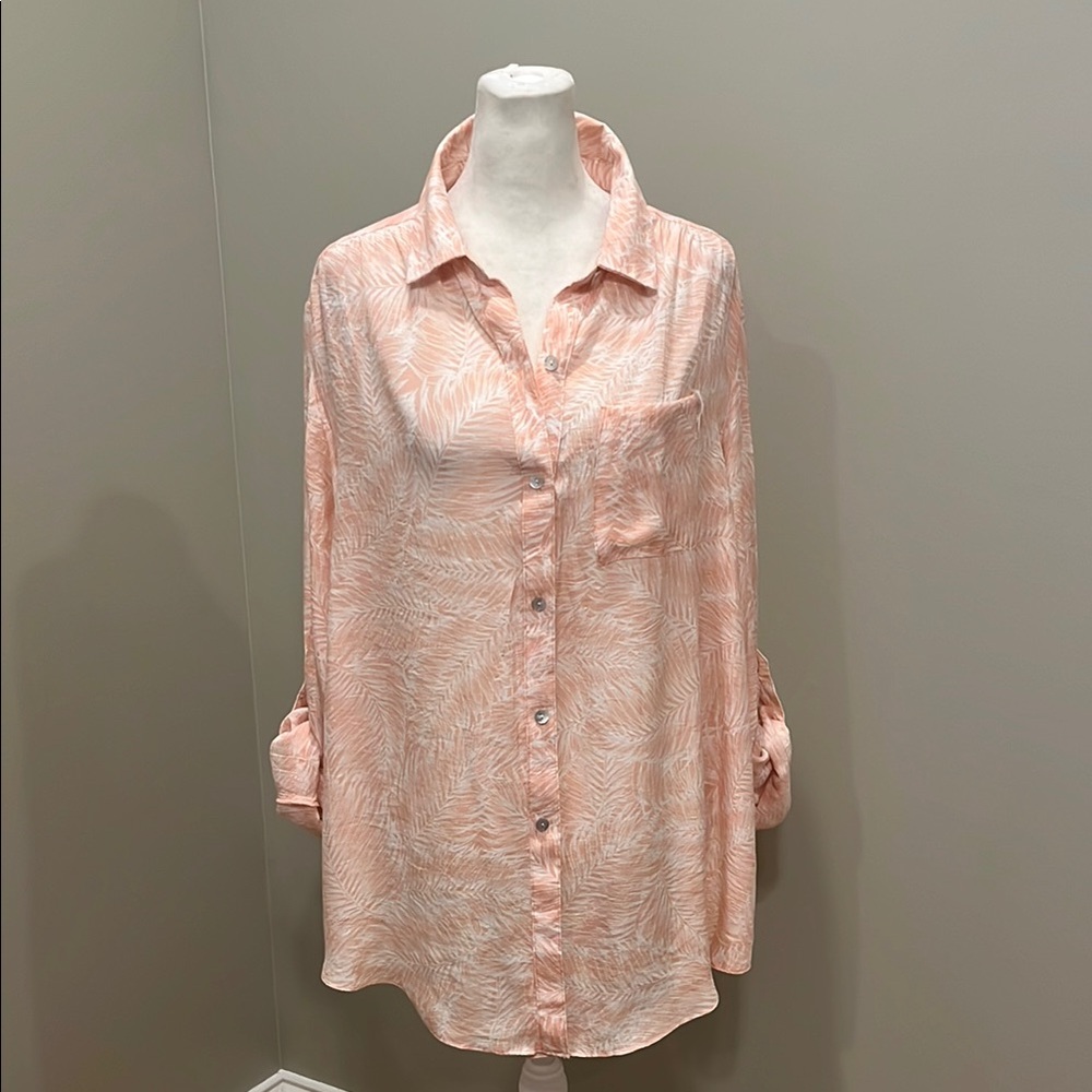 New Directions Lightweight Button Down Leaf Print Shirt